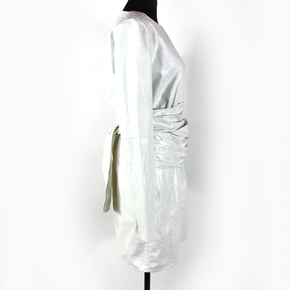MSGM Abito Faux Leather Dress NEW Croc Embossed Tie Sash Belted White Mini Sz M - Picture 3 of 9